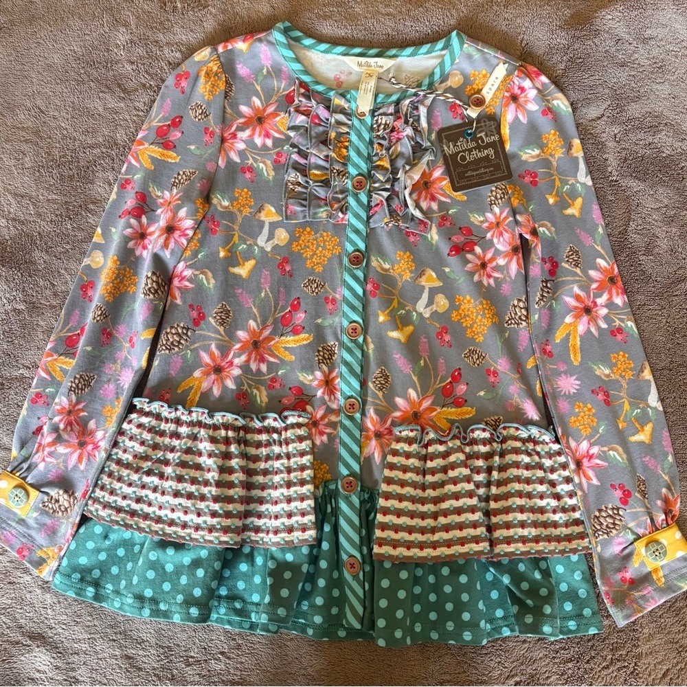 Matilda Jane Girls Floral Ruffle Button Front Top Mixed Print Size 8 NWT